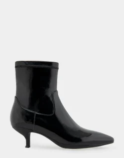 Comfortable Women's Stretch Point Toe Molded Outsole Kitten Heel Bootie in Black Crinkled Patent Faux Leather Stretch Patent Faux Leather