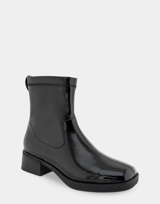 Comfortable Women's Stretch Equestrian Bootie in Black Stretch Crinkled Patent Faux Leather
