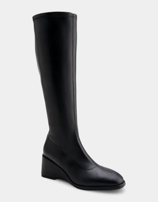 Comfortable Women's Stretch Knee High Sculpted Wedge Boot in Black Stretch Faux Leather Faux Leather