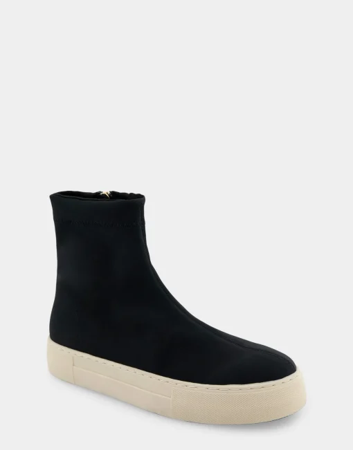 Comfortable Women's Stretch Sock Hidden Wedge Flatform Sneaker in Black Stretch Gabardine Fabric Fabric