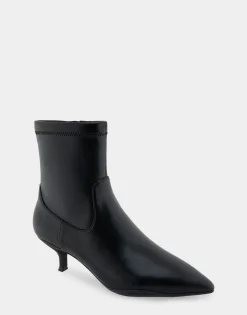 Comfortable Women's Stretch Point Toe Molded Outsole Kitten Heel Bootie in Black Stretch Faux Leather Faux Leather