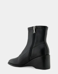 Comfortable Women's Stretch Ankle Sculpted Wedge Boot in Black Stretch Faux Leather Faux Leather