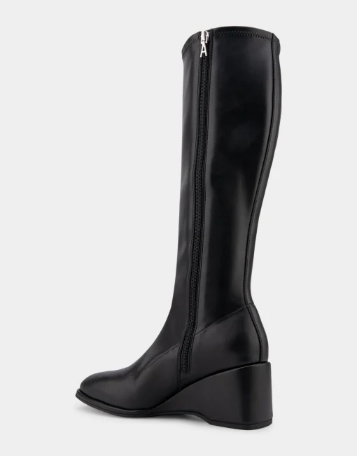 Comfortable Women's Stretch Knee High Sculpted Wedge Boot in Black Stretch Faux Leather Faux Leather