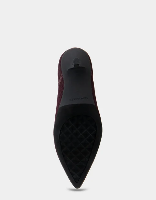 Comfortable Women's Stretch Knit Point Toe Molded Outsole Kitten Heel Bootie in Deep Aubergine Knit Stretch Flyknit Fabric