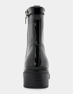 Comfortable Women's Stretch Equestrian Bootie in Black Stretch Crinkled Patent Faux Leather