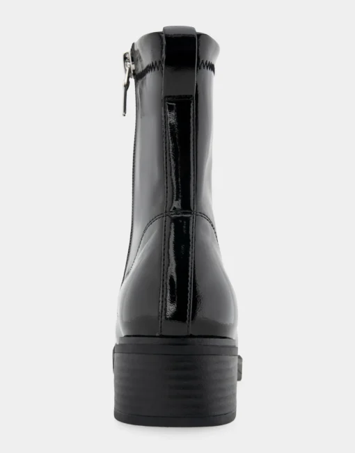 Comfortable Women's Stretch Equestrian Bootie in Black Stretch Crinkled Patent Faux Leather