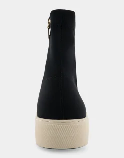 Comfortable Women's Stretch Sock Hidden Wedge Flatform Sneaker in Black Stretch Gabardine Fabric Fabric