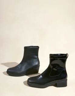 Comfortable Women's Stretch Equestrian Bootie in Black Stretch Crinkled Patent Faux Leather