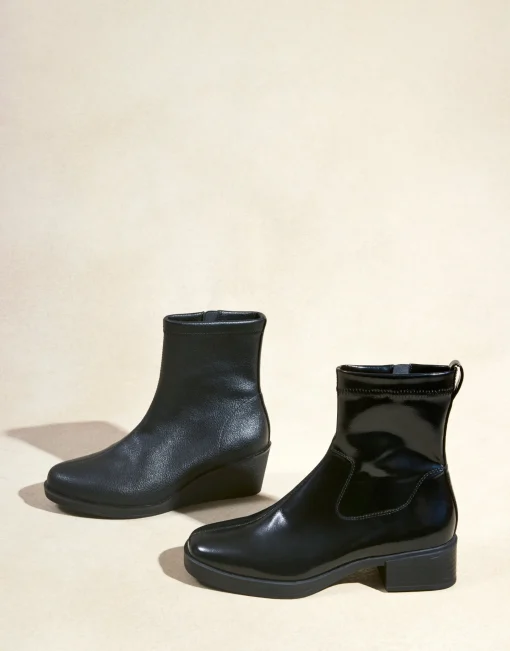 Comfortable Women's Stretch Equestrian Bootie in Black Stretch Crinkled Patent Faux Leather