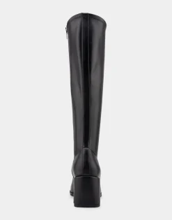 Comfortable Women's Stretch Knee High Sculpted Wedge Boot in Black Stretch Faux Leather Faux Leather