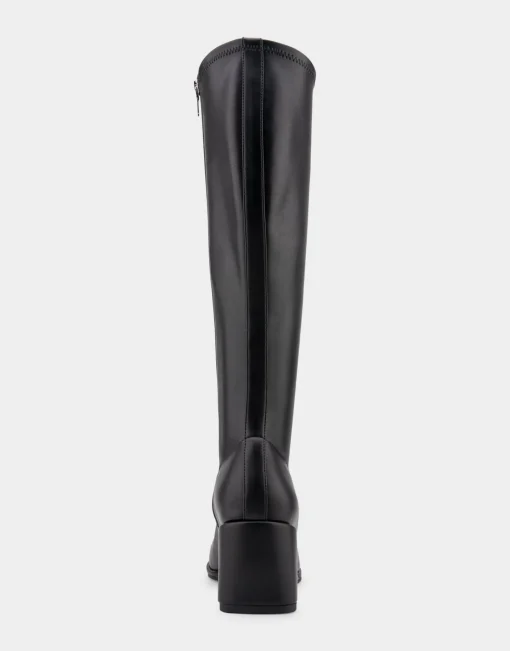 Comfortable Women's Stretch Knee High Sculpted Wedge Boot in Black Stretch Faux Leather Faux Leather