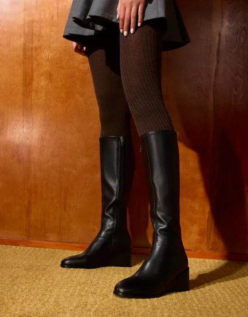 Comfortable Women's Stretch Knee High Sculpted Wedge Boot in Black Stretch Faux Leather Faux Leather