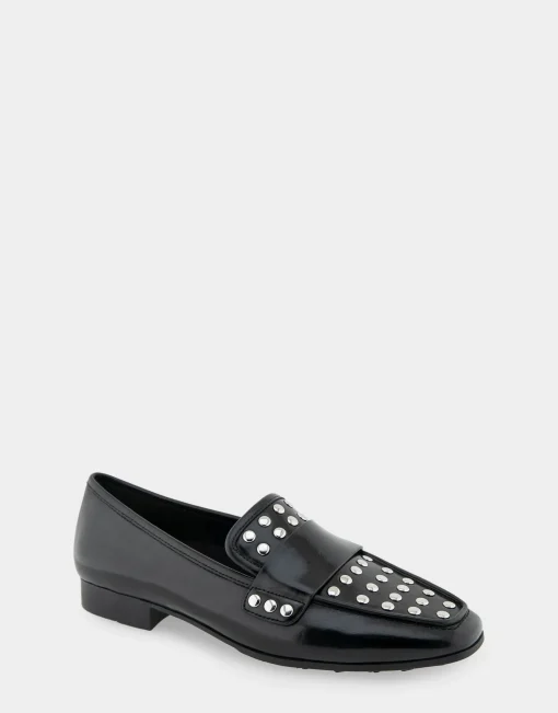 Comfortable Women's Studded Tailored Loafer in Black/silver Burnished Faux Leather Faux Leather
