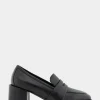 Comfortable Women's Tailored Block Heel Loafer in Black Leather Leather