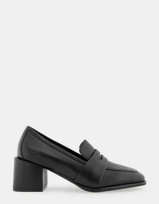 Comfortable Women's Tailored Block Heel Loafer in Black Leather Leather