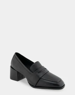 Comfortable Women's Tailored Block Heel Loafer in Black Leather Leather