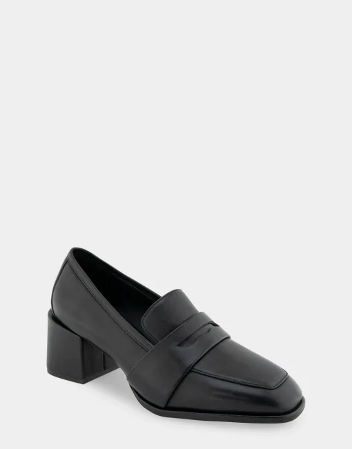 Comfortable Women's Tailored Block Heel Loafer in Black Leather Leather