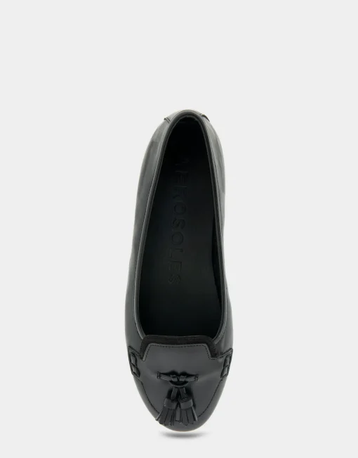 Comfortable Women's Tailored Ballet Flat With Mini Tassels in Black Burnished Faux Leather/faux Suede Faux Leather