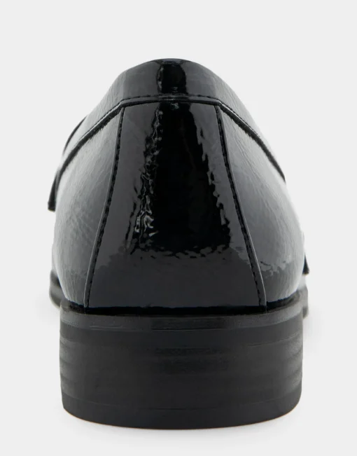 Comfortable Women's Tailored Dress Loafer With Signature Metal Detail in Black Crinkled Patent Faux Leather Patent Faux Leather