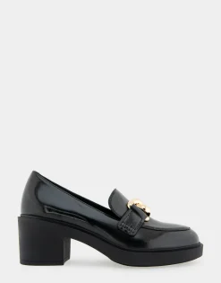 Comfortable Women's Textured Link Hardware Platform Loafer in Black Burnished Faux Leather Faux Leather