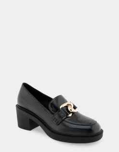 Comfortable Women's Textured Link Hardware Platform Loafer in Black Burnished Faux Leather Faux Leather