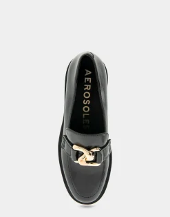 Comfortable Women's Textured Link Hardware Platform Loafer in Black Burnished Faux Leather Faux Leather