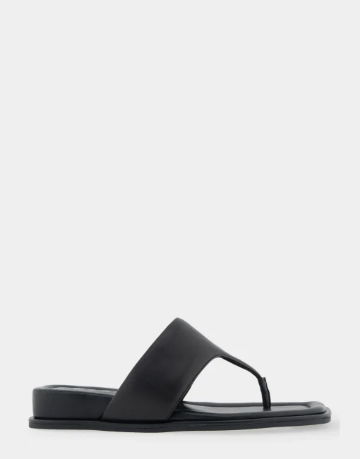 Comfortable Women's Thong Mini Wedge Sandal in Black Leather