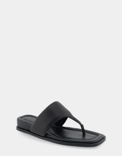 Comfortable Women's Thong Mini Wedge Sandal in Black Leather