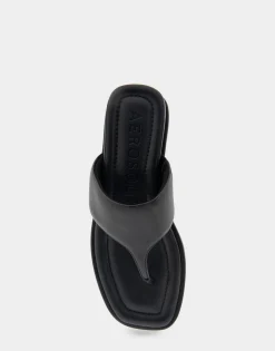 Comfortable Women's Thong Mini Wedge Sandal in Black Leather