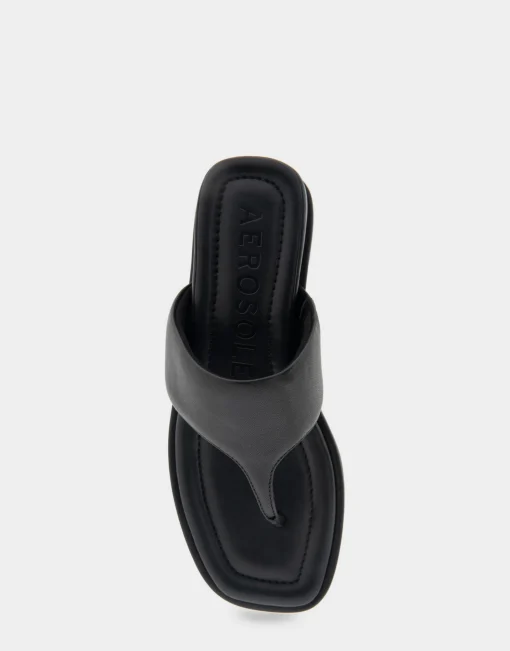 Comfortable Women's Thong Mini Wedge Sandal in Black Leather