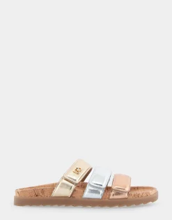 Comfortable Women's Three Band Footbed Sandal in Rose Gold Leather