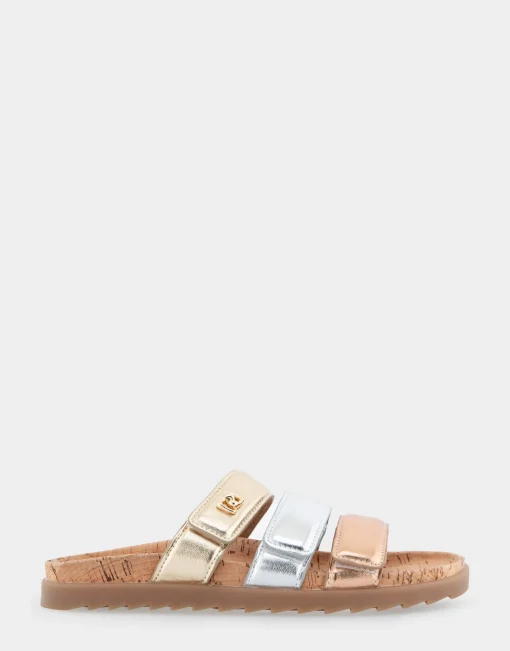 Comfortable Women's Three Band Footbed Sandal in Rose Gold Leather