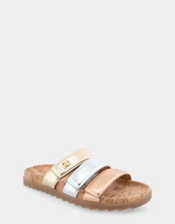 Comfortable Women's Three Band Footbed Sandal in Rose Gold Leather