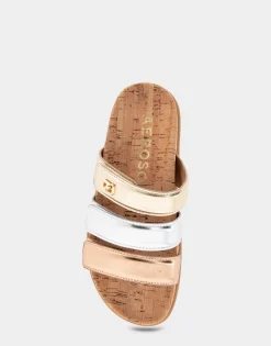 Comfortable Women's Three Band Footbed Sandal in Rose Gold Leather