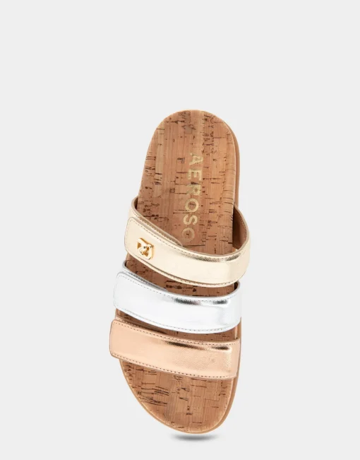 Comfortable Women's Three Band Footbed Sandal in Rose Gold Leather