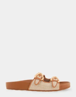 Comfortable Women's Two Band Molded Footbed Sandal in Natural Raffia Combo Raffia Fabric