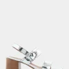 Comfortable Women's Two Band Slingback Block Heel Sandal in Silver Mirror Metallic Faux Leather