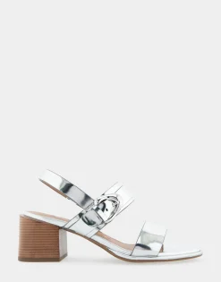 Comfortable Women's Two Band Slingback Block Heel Sandal in Silver Mirror Metallic Faux Leather