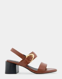 Comfortable Women's Two Band Slingback Block Heel Sandal in Gingerbread Leather