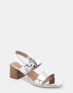 Comfortable Women's Two Band Slingback Block Heel Sandal in Silver Mirror Metallic Faux Leather