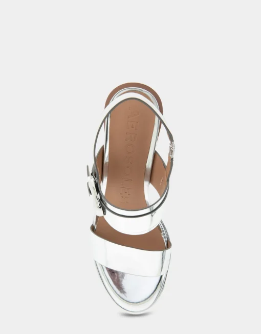 Comfortable Women's Two Band Slingback Block Heel Sandal in Silver Mirror Metallic Faux Leather
