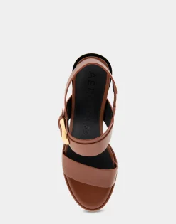 Comfortable Women's Two Band Slingback Block Heel Sandal in Gingerbread Leather