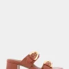 Comfortable Women's Two Strap Block Heel Slide Sandal in Gingerbread Leather
