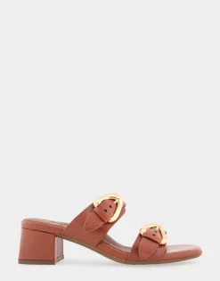 Comfortable Women's Two Strap Block Heel Slide Sandal in Gingerbread Leather