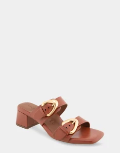 Comfortable Women's Two Strap Block Heel Slide Sandal in Gingerbread Leather