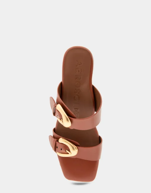 Comfortable Women's Two Strap Block Heel Slide Sandal in Gingerbread Leather