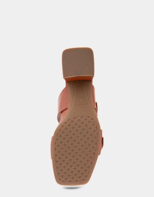 Comfortable Women's Two Strap Block Heel Slide Sandal in Gingerbread Leather