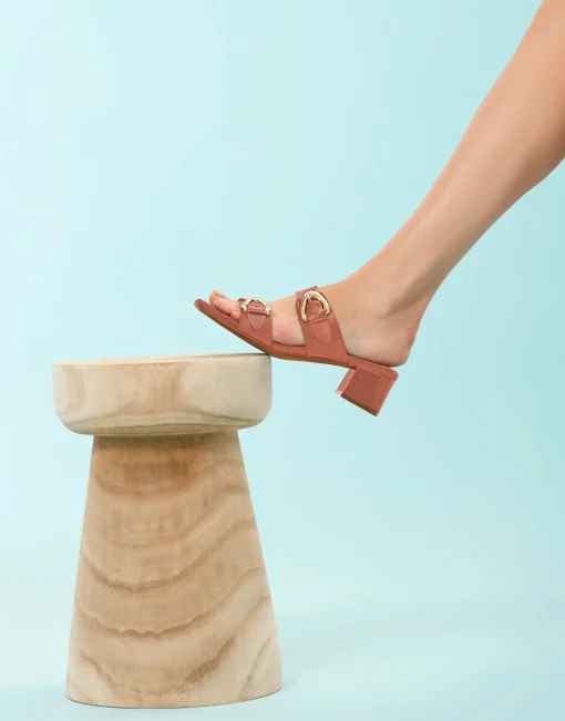 Comfortable Women's Two Strap Block Heel Slide Sandal in Gingerbread Leather