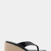 Comfortable Women's Wedge Thong Sandal in Black Faux Leather