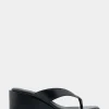 Comfortable Women's Wedge Thong Sandal in Black Allover Faux Leather